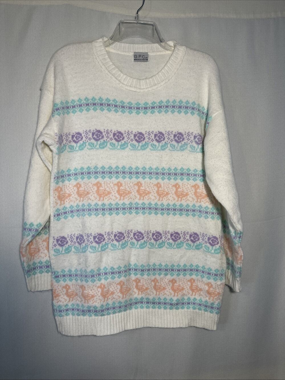 Vintage Women’s Large GFC Sweater Pastel Ducks & Flowers Novelty Grandma Easter